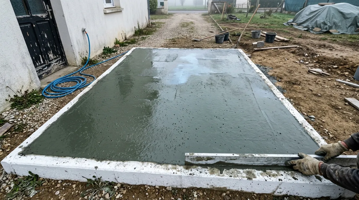 Ouvrier lissant une dalle de b&eacute;ton gris frais dans un jardin