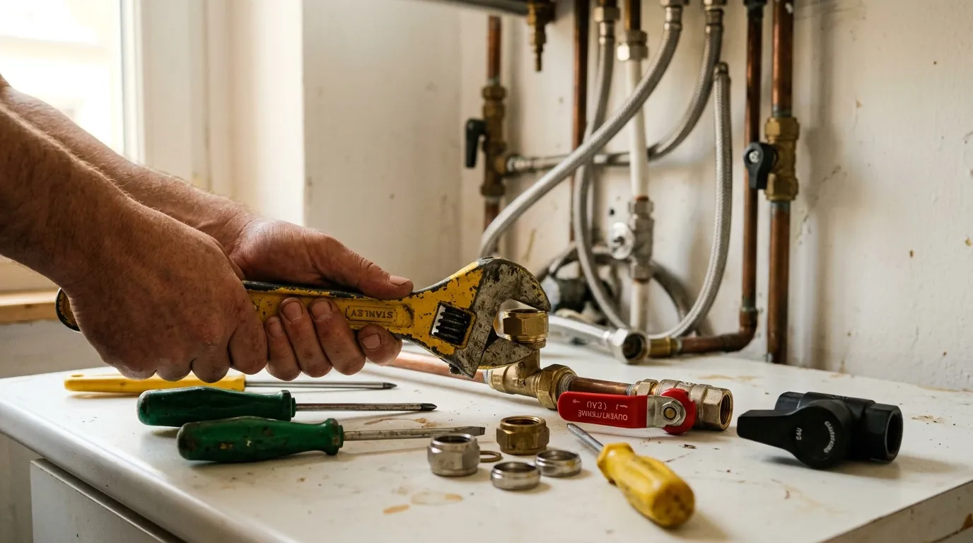 Plombier tenant cl&eacute; anglaise avec outils et tuyauterie