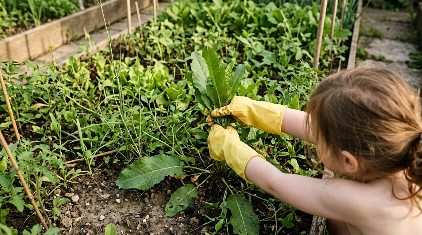 Enfant en gants jaunes cueillant des l&eacute;gumes au potager