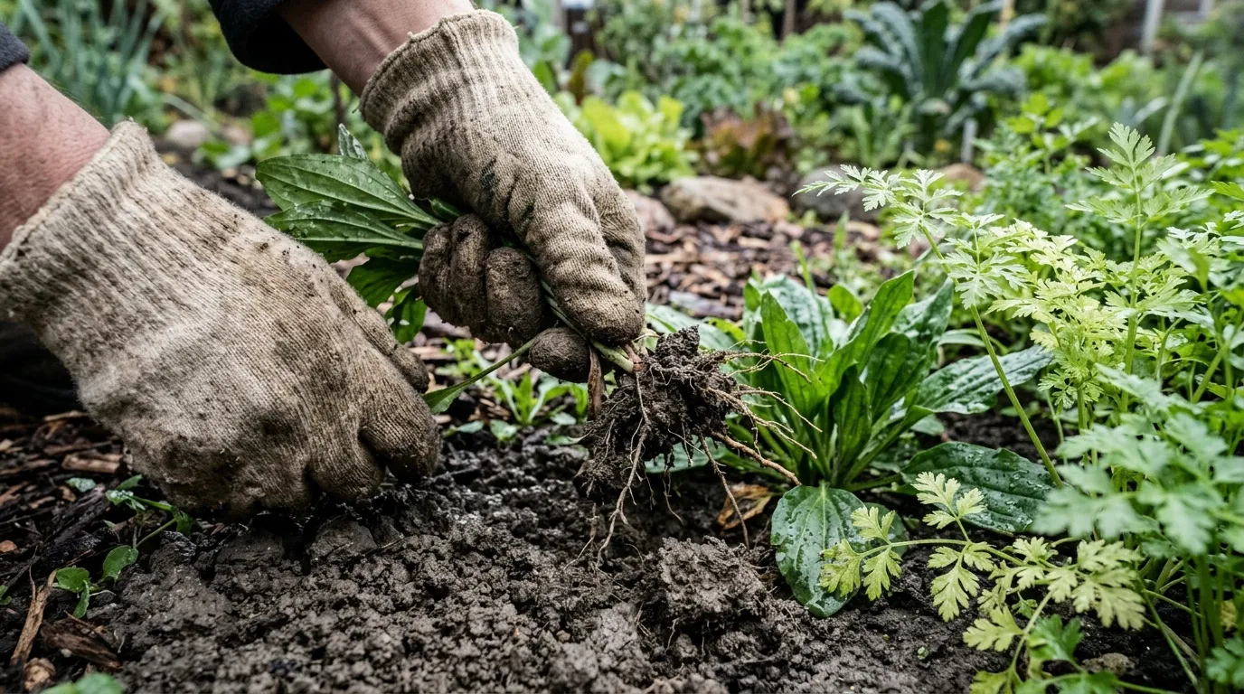 Mains gant&eacute;es plantant un jeune plant dans la terre du jardin