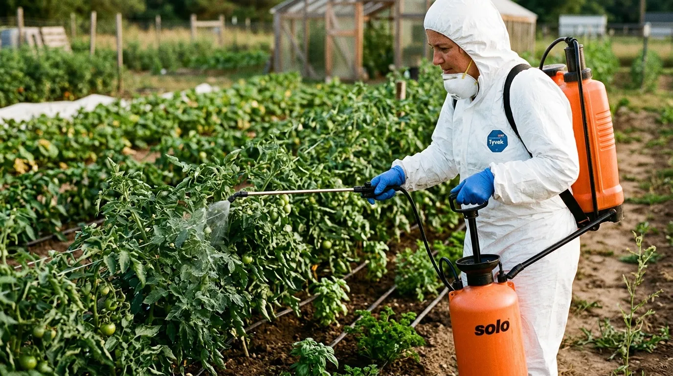Agriculteur en tenue de protection pulv&eacute;rise des produits chimiques sur cultures