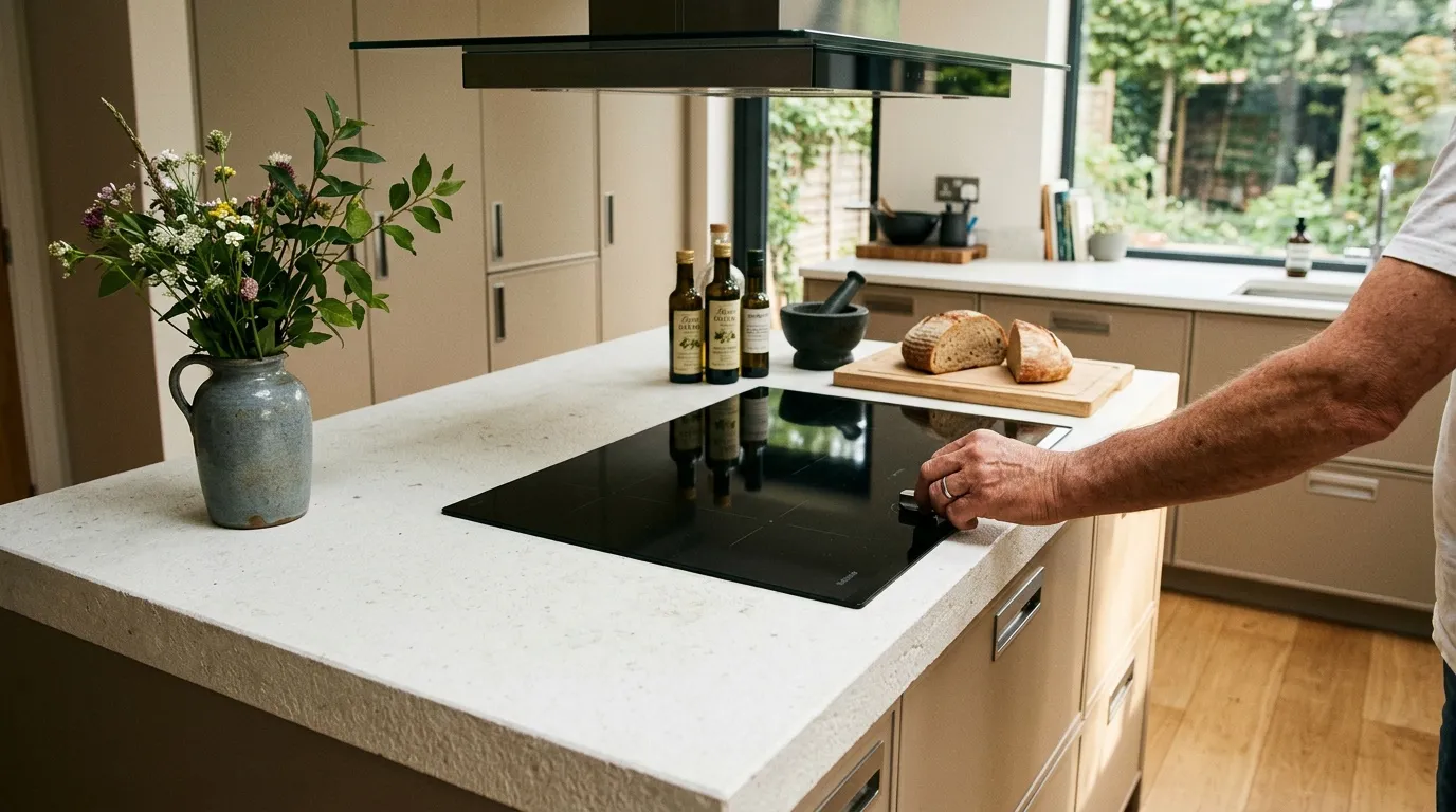 Homme dans cuisine contemporaine avec îlot blanc et plaque induction noire