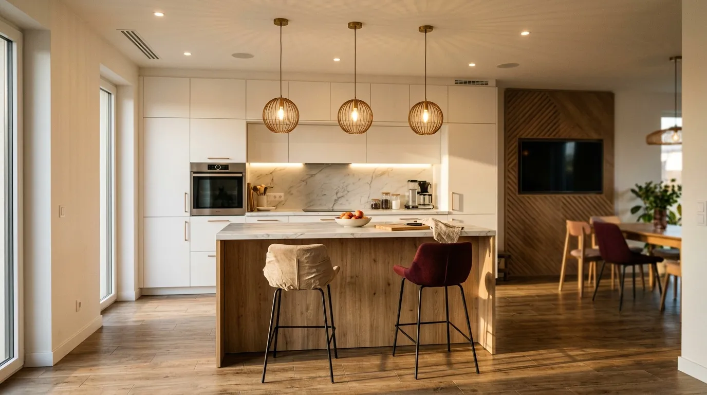 Cuisine contemporaine blanche avec îlot central en bois et luminaires dorés