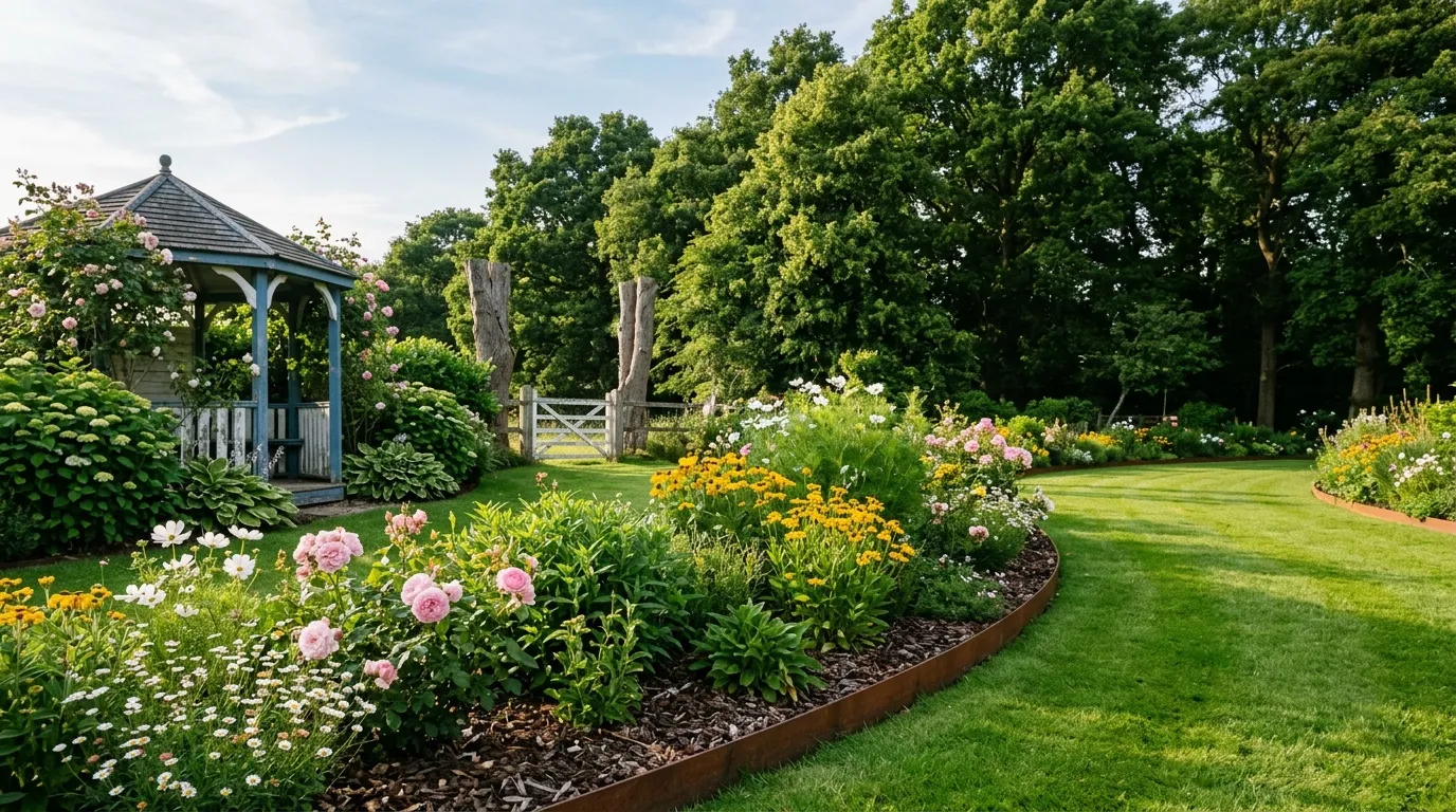 Jardin fleuri avec gazebo bleu, fleurs roses et jaunes, arbres