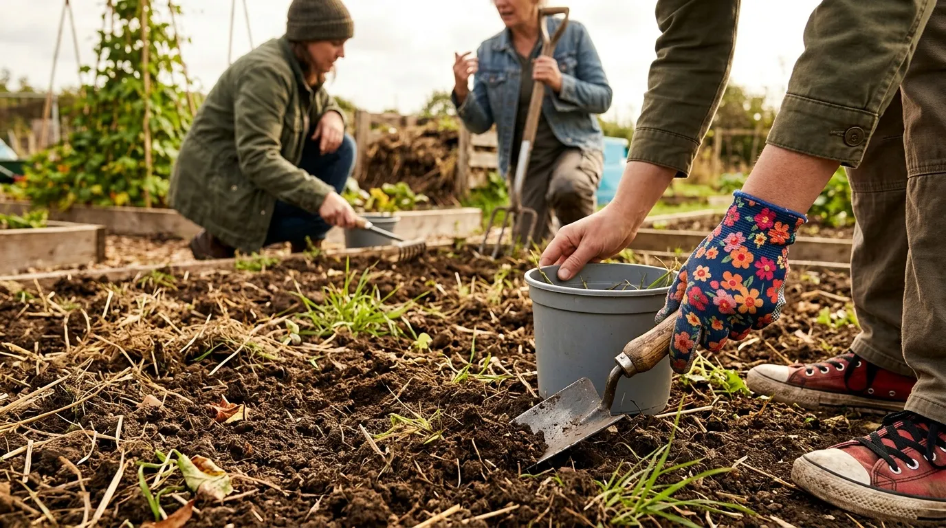 Groupe de personnes jardinant ensemble dans un potager surélevé