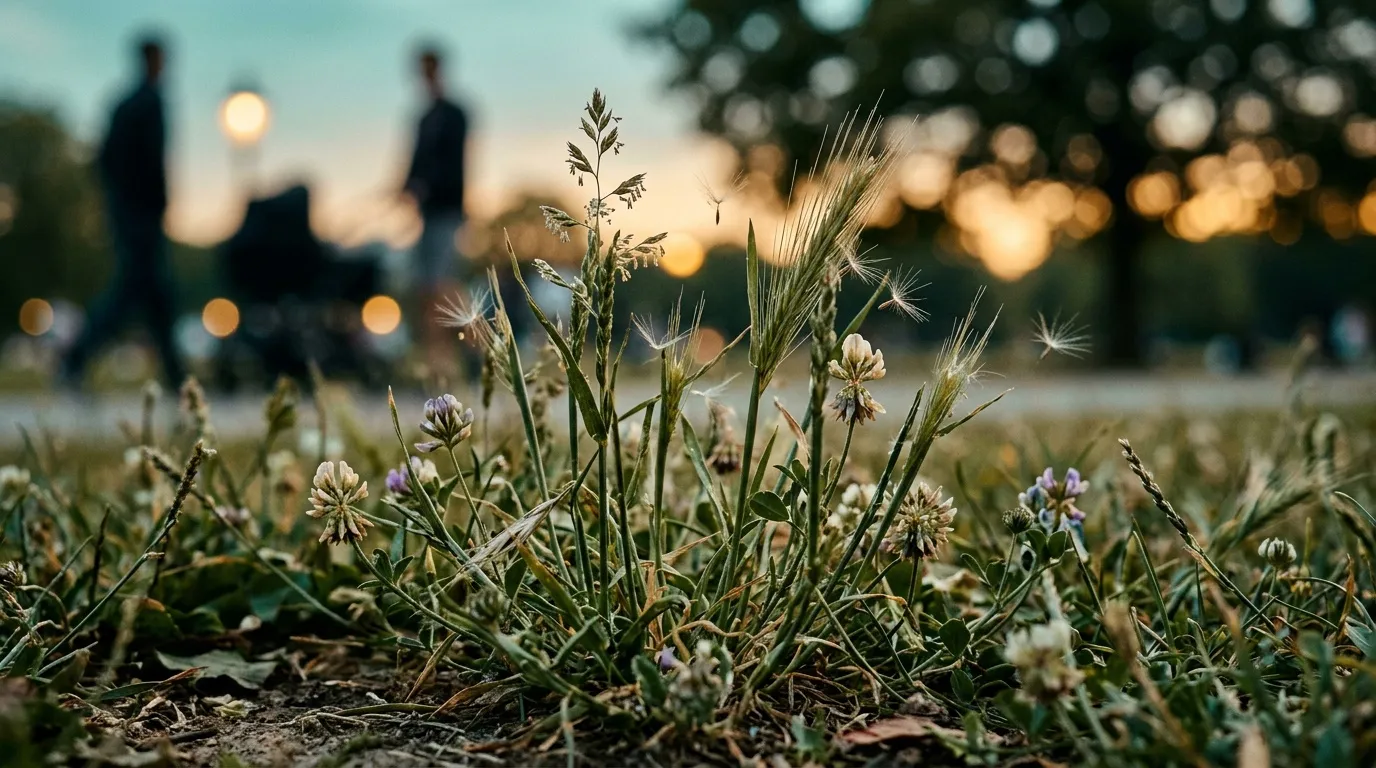 Fleurs sauvages au sol avec personnes floues en arrière-plan
