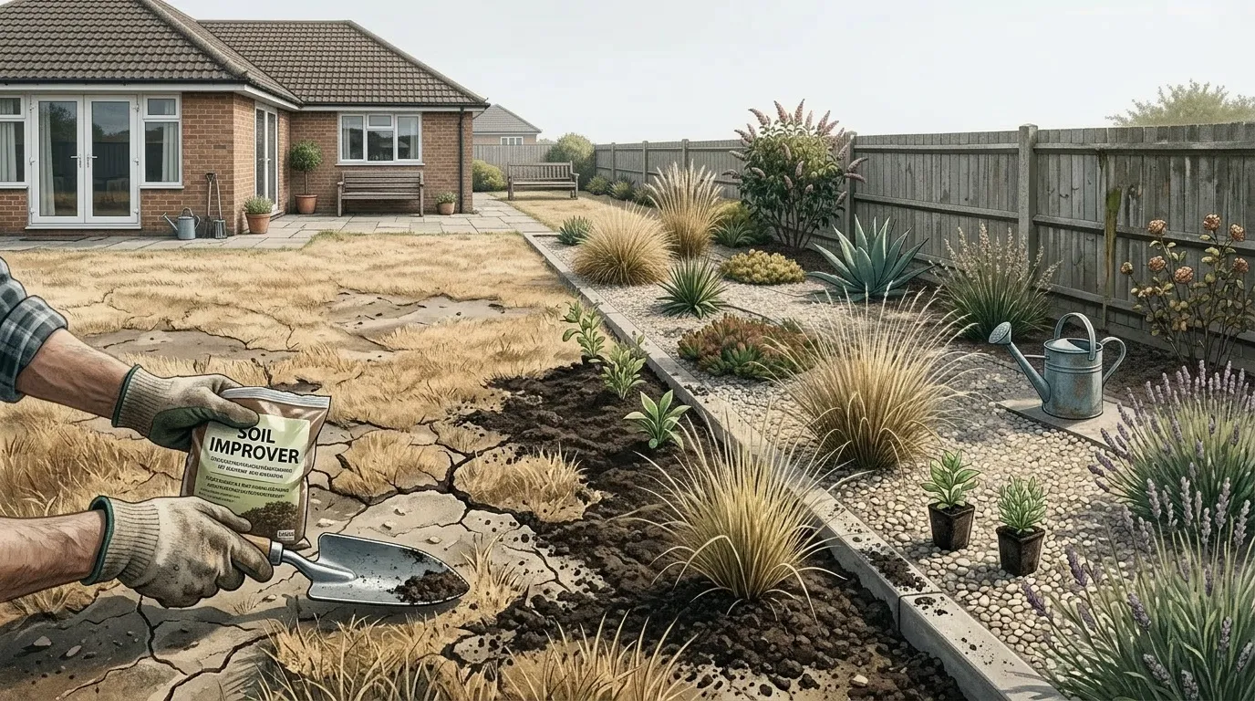 Jardinier améliore sol sec avec amendement pour xeriscaping