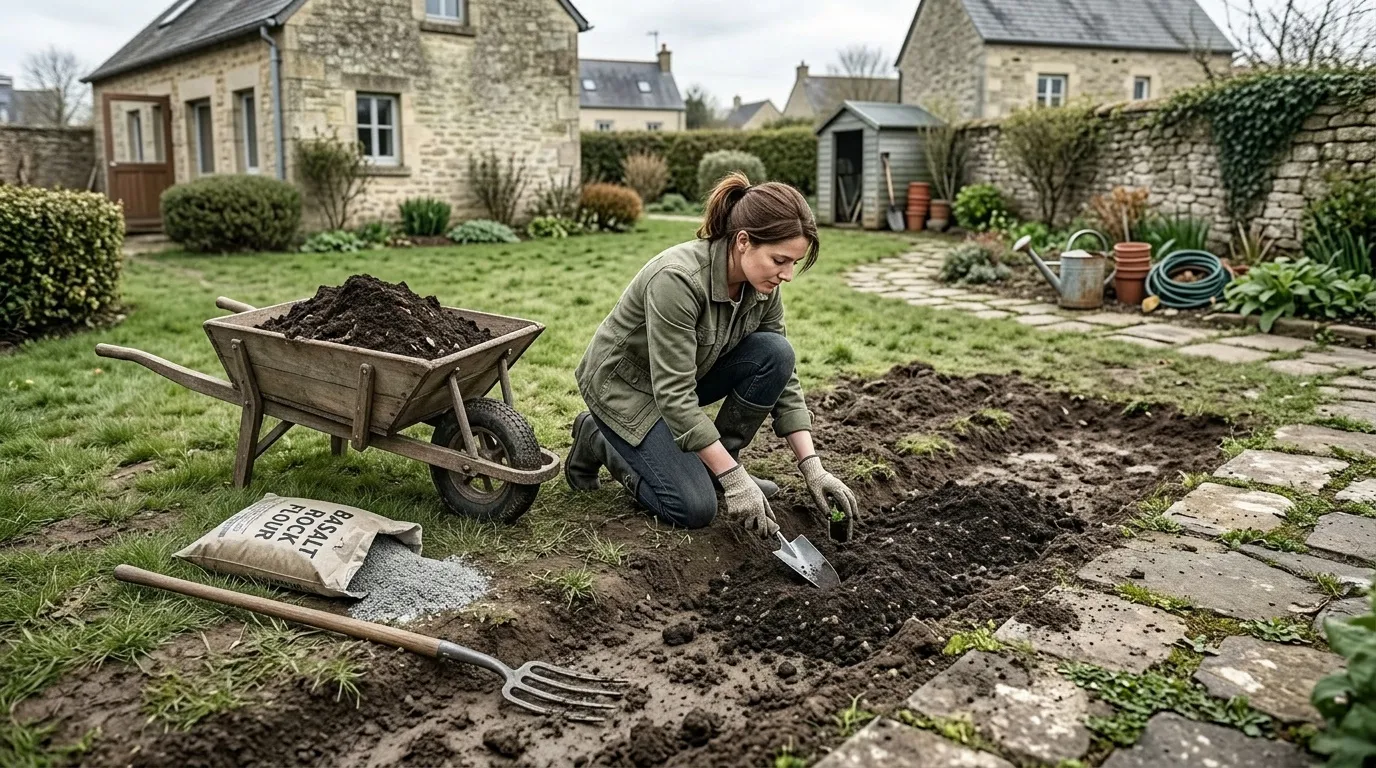 Femme travaillant la terre dans son jardin potager