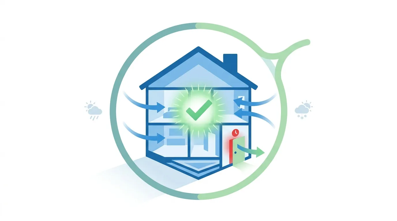Maison connectée avec checkmark vert et circulation d'air