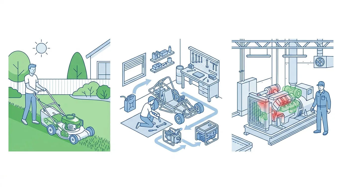 Trois sc&egrave;nes montrant utilisation moteurs : jardinage, r&eacute;paration, industrie.