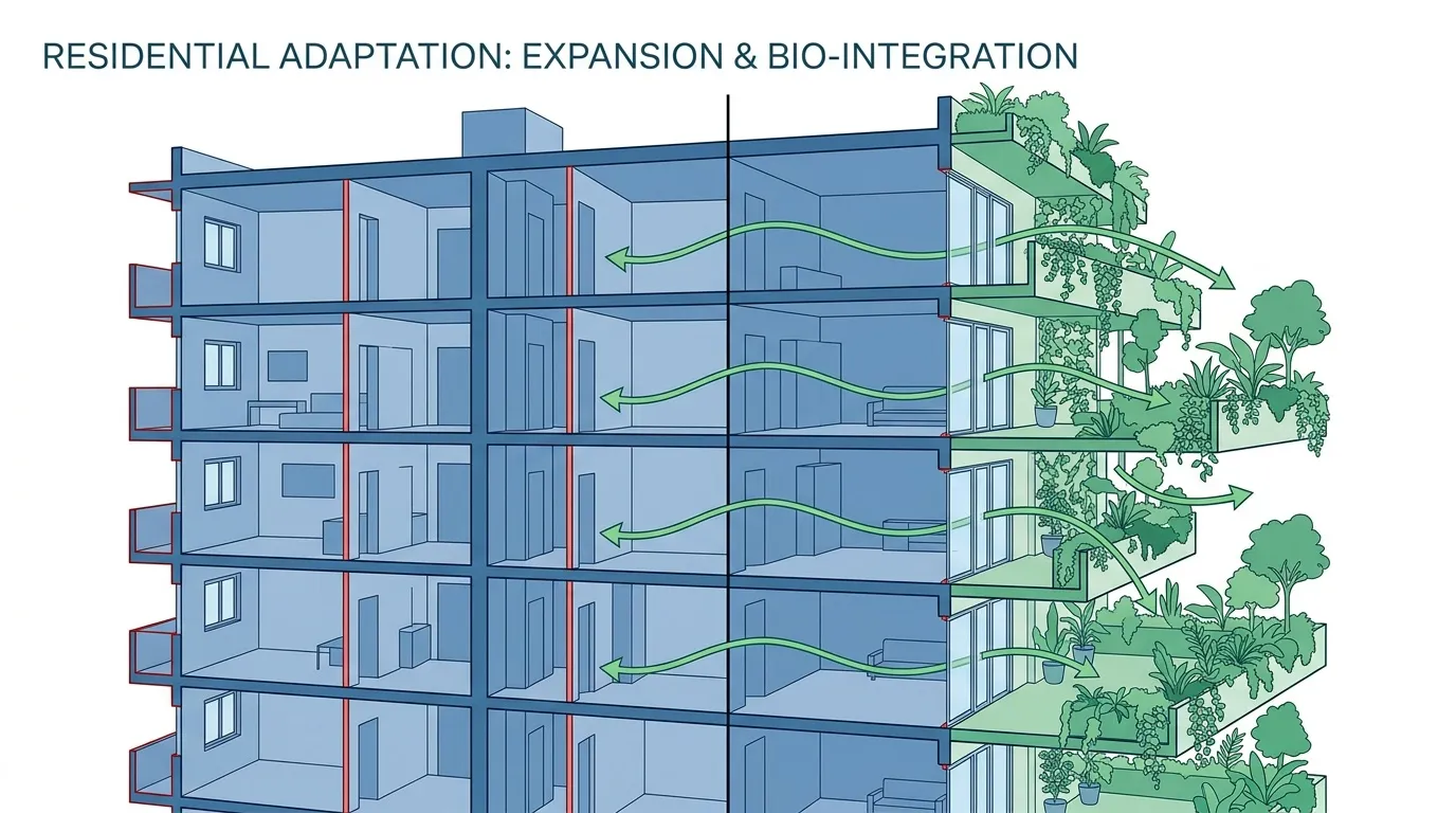 Bâtiment multi-étages avec balcons végétalisés et espaces verts intégrés