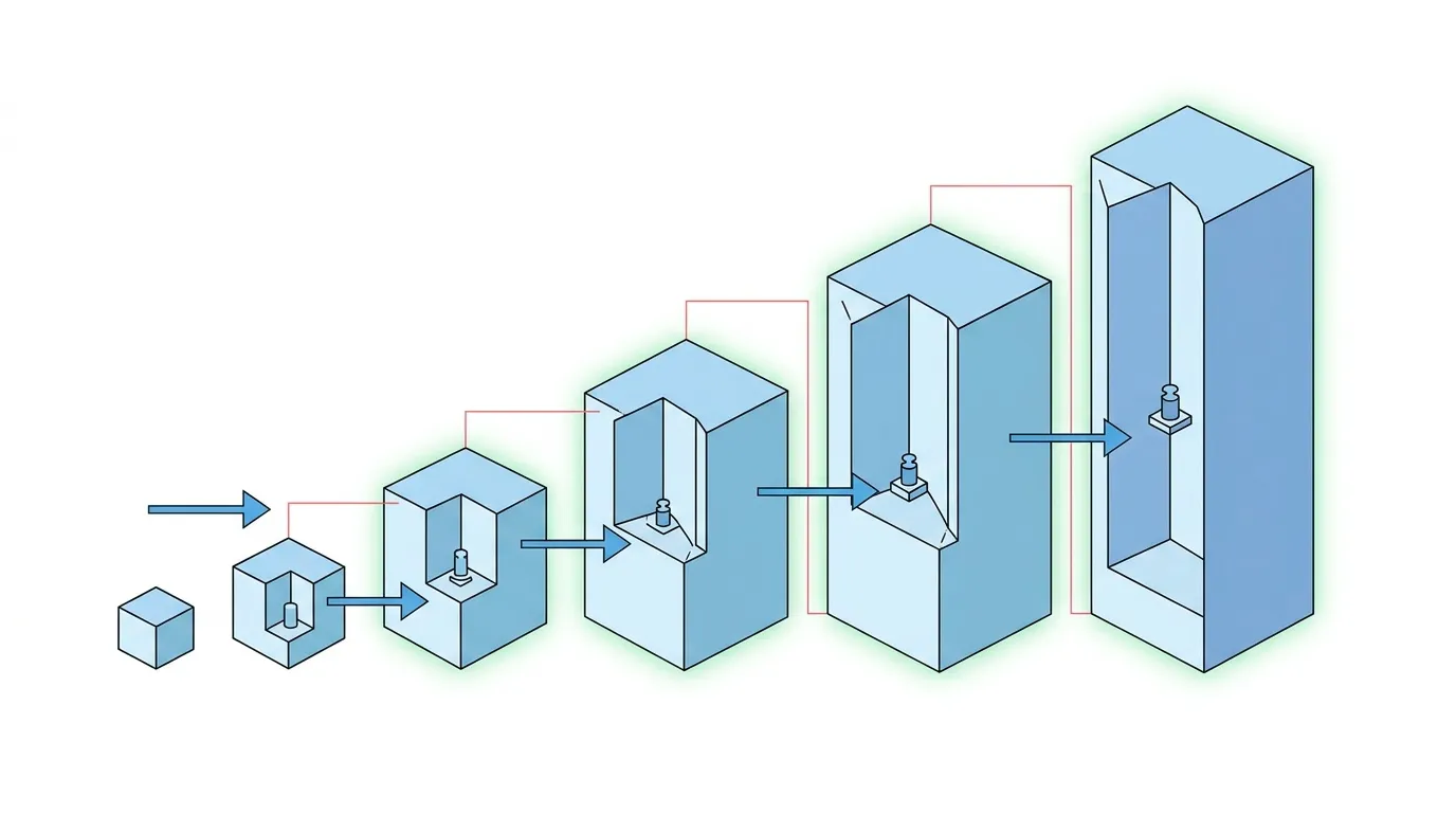 Succession de cubes augmentant en taille avec mécanisme interne