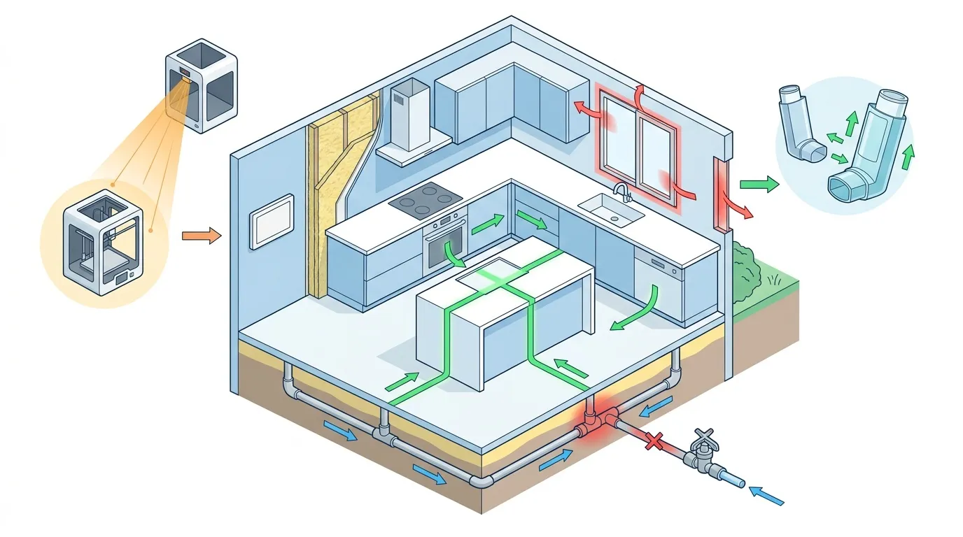 Sch&eacute;ma de circulation d'air dans une maison avec &eacute;quipements HVAC