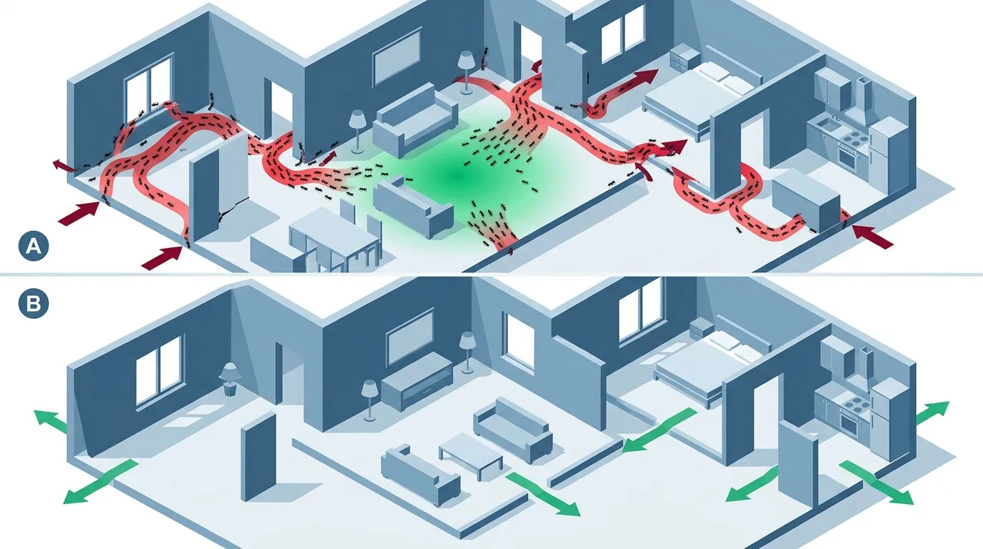 Sch&eacute;ma circulation air sain vs pollu&eacute; habitation