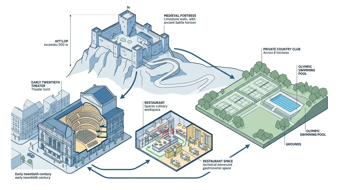 Illustration d'un site regroupant forteresse m&eacute;di&eacute;vale, th&eacute;&acirc;tre, restaurant et club de natation.