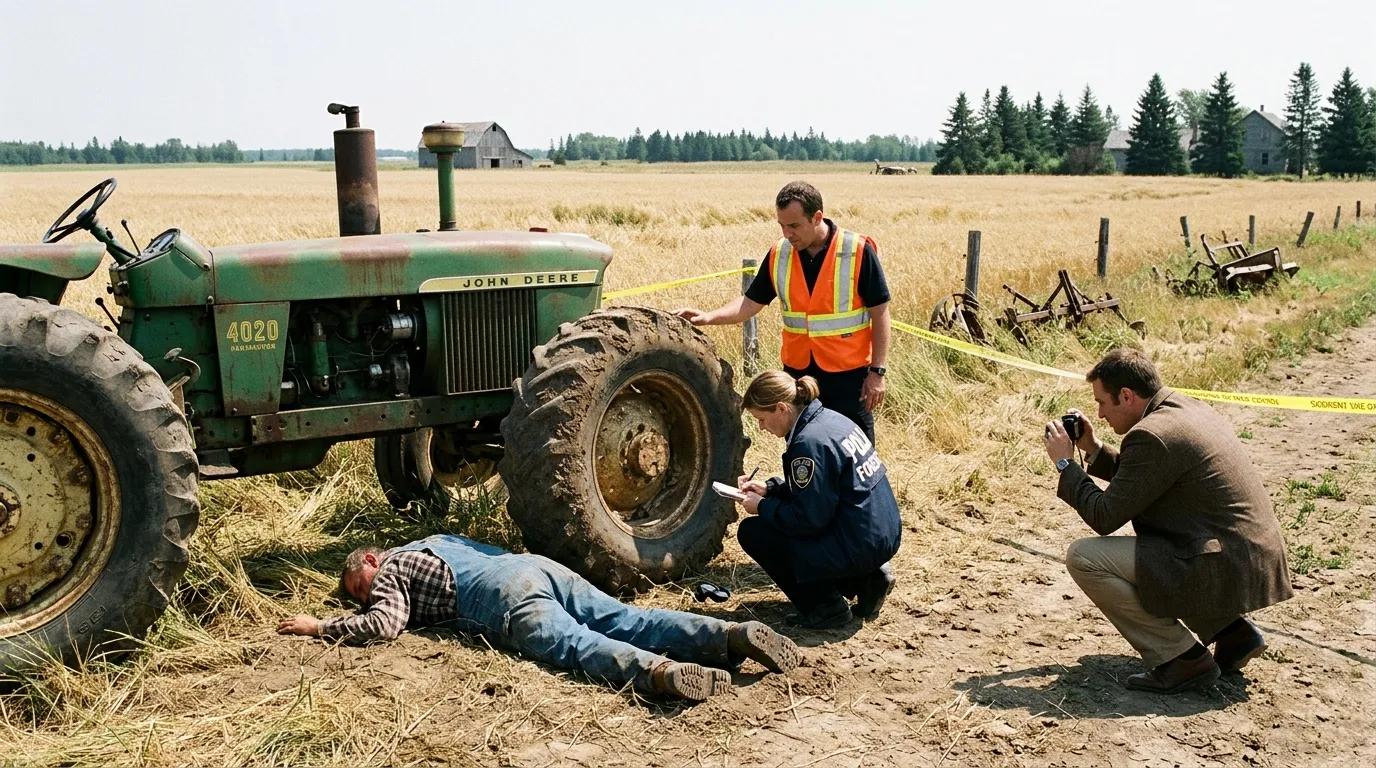 &Eacute;quipes d'urgence intervenant aupr&egrave;s d'une victime pr&egrave;s d'un tracteur