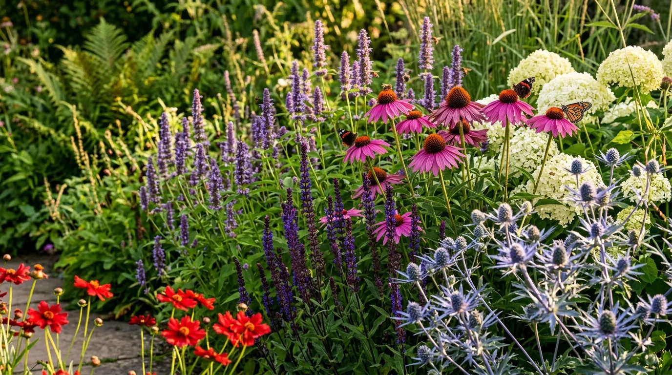 Jardin avec fleurs violettes, roses, blanches et rouges