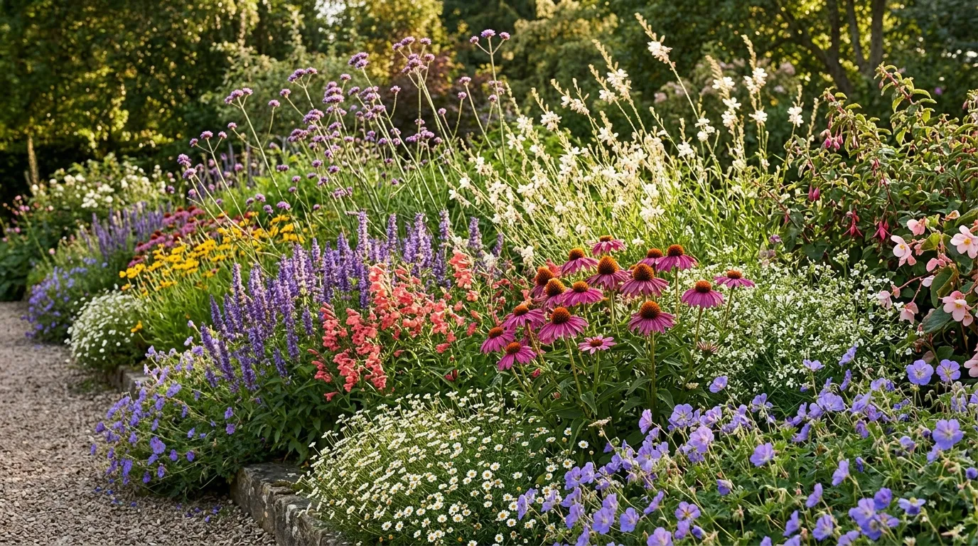 Parterre de fleurs color&eacute;es: lavande, &eacute;chinac&eacute;es, marguerites et myosotis