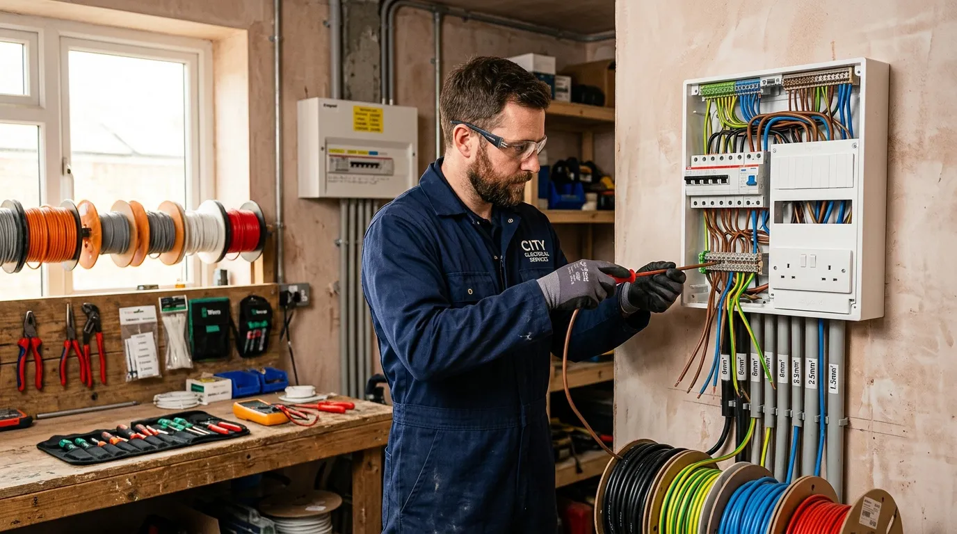 &Eacute;lectricien en uniforme bleu installant des c&acirc;bles &eacute;lectriques