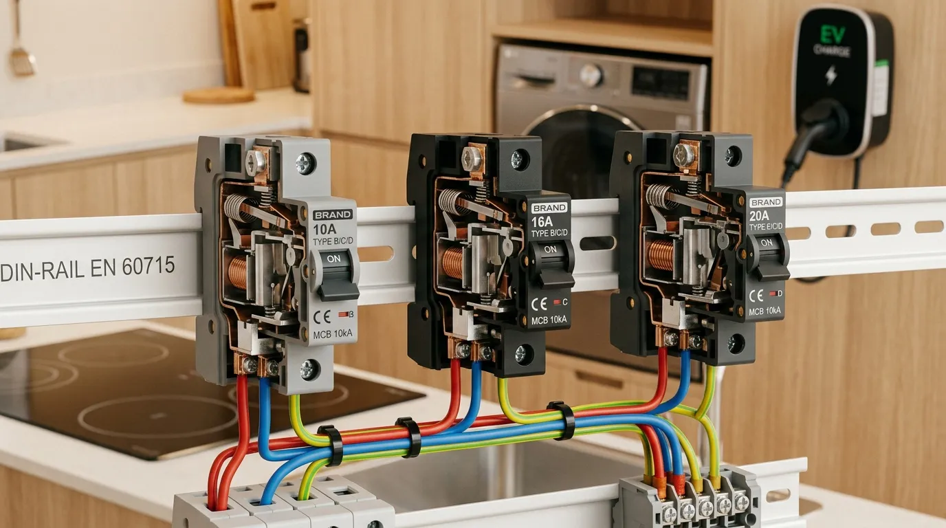 Disjoncteurs DIN-RAIL connect&eacute;s avec c&acirc;bles color&eacute;s cuisine