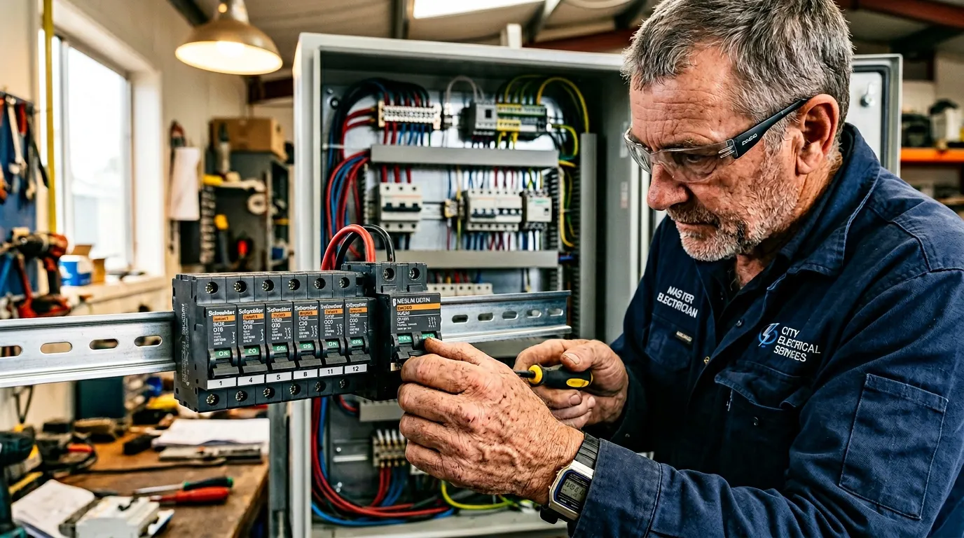 Ma&icirc;tre &eacute;lectricien examine des disjoncteurs Schneider en atelier professionnel