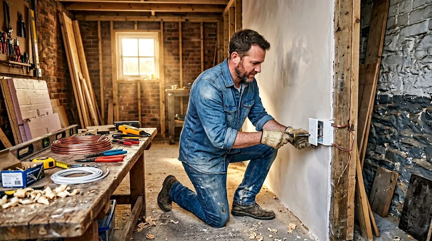 Ouvrier en denim installe une prise &eacute;lectrique sur mur blanc