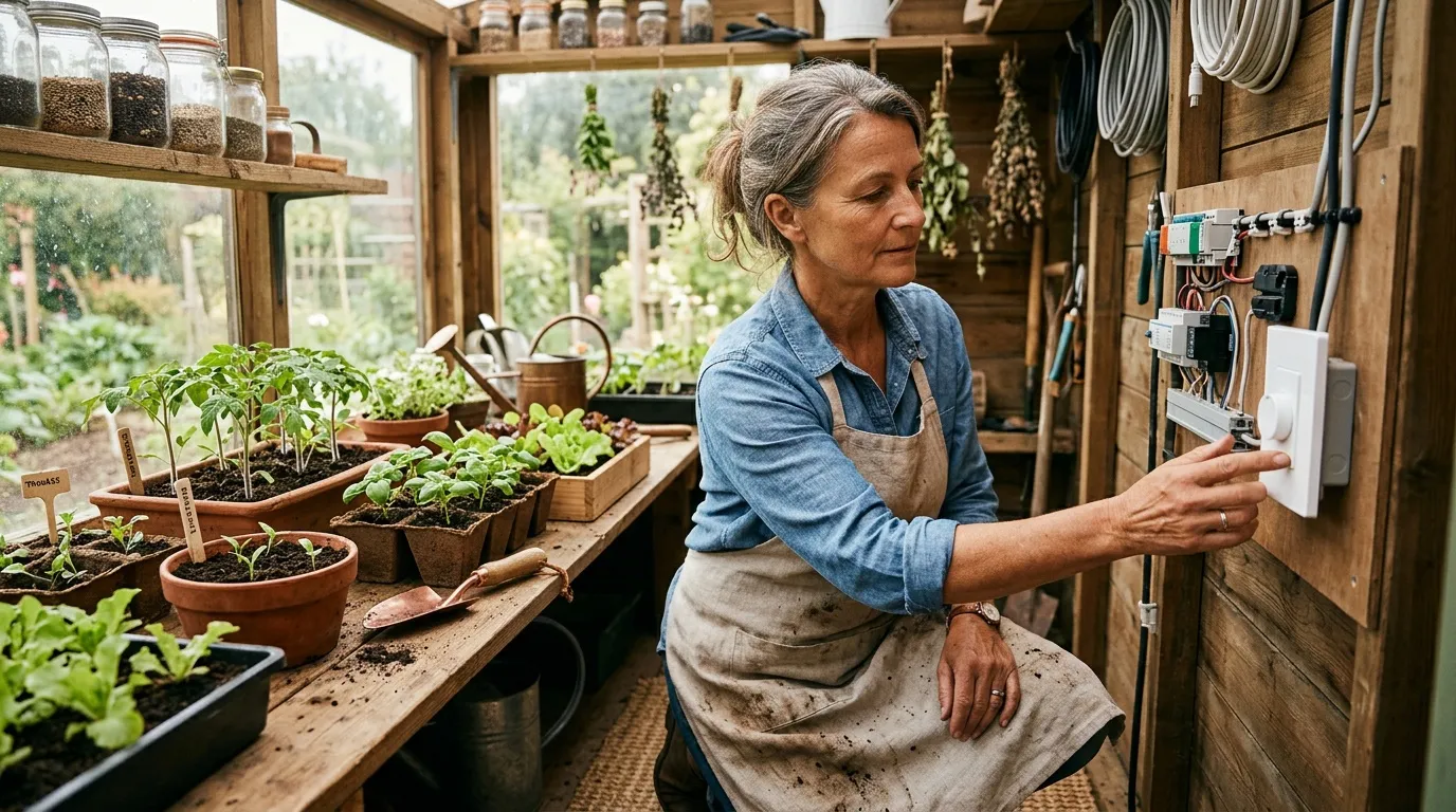 Femme en tablier v&eacute;rifiant syst&egrave;me d'irrigation dans serre