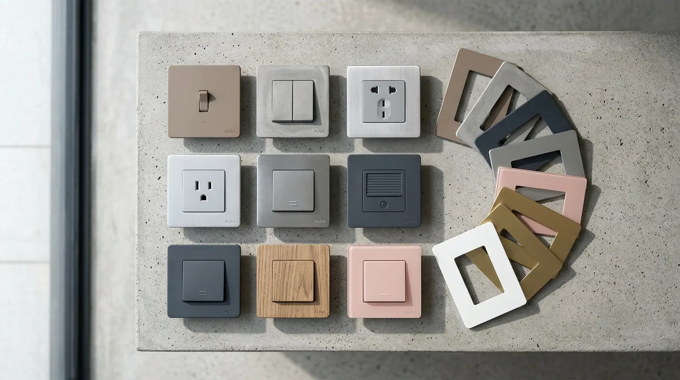 Interrupteurs et prises &eacute;lectriques color&eacute;s sur b&eacute;ton gris