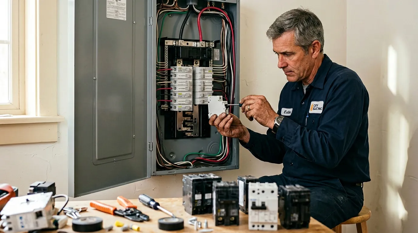 Technicien en uniforme effectuant maintenance panneau &eacute;lectrique