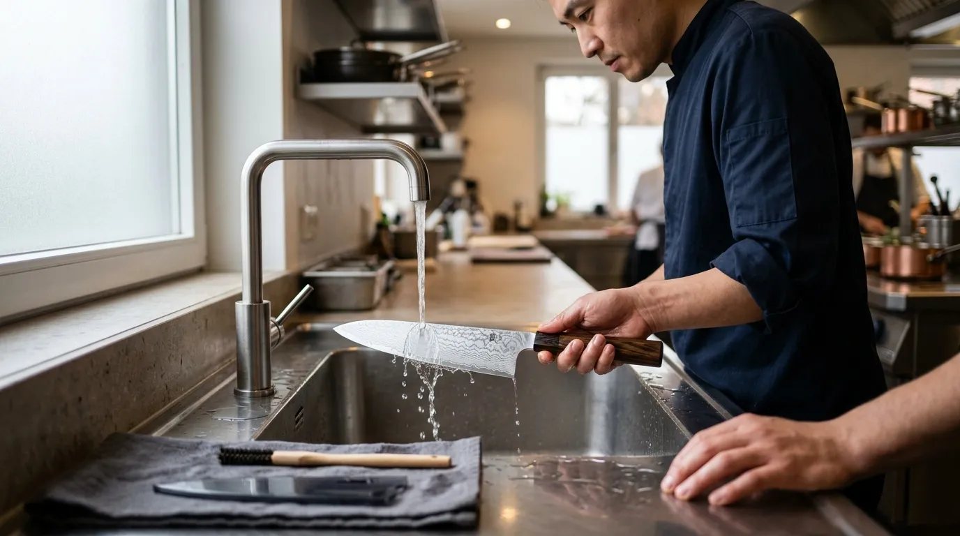 Homme rince un couteau de cuisine sous l'eau du robinet