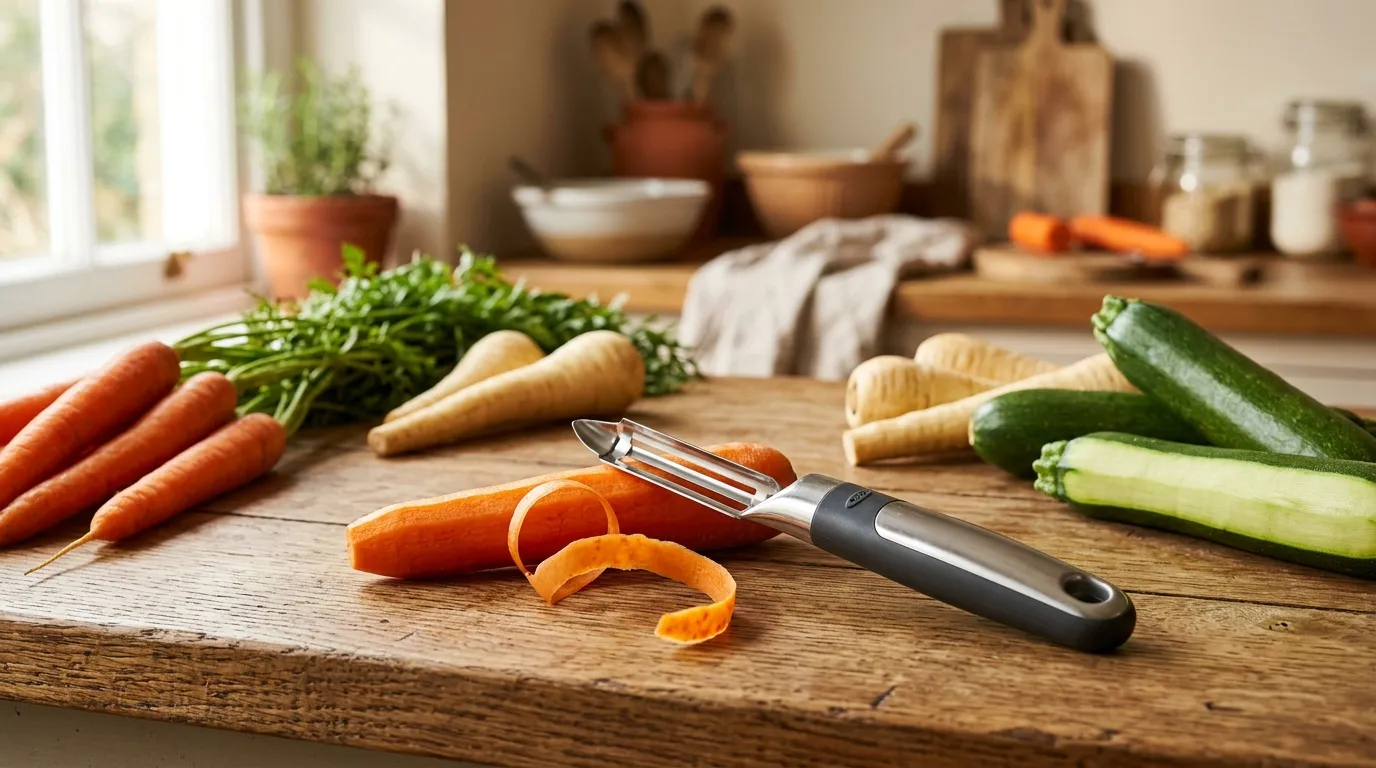 &Eacute;plucheur avec carotte pel&eacute;e, l&eacute;gumes sur planche bois