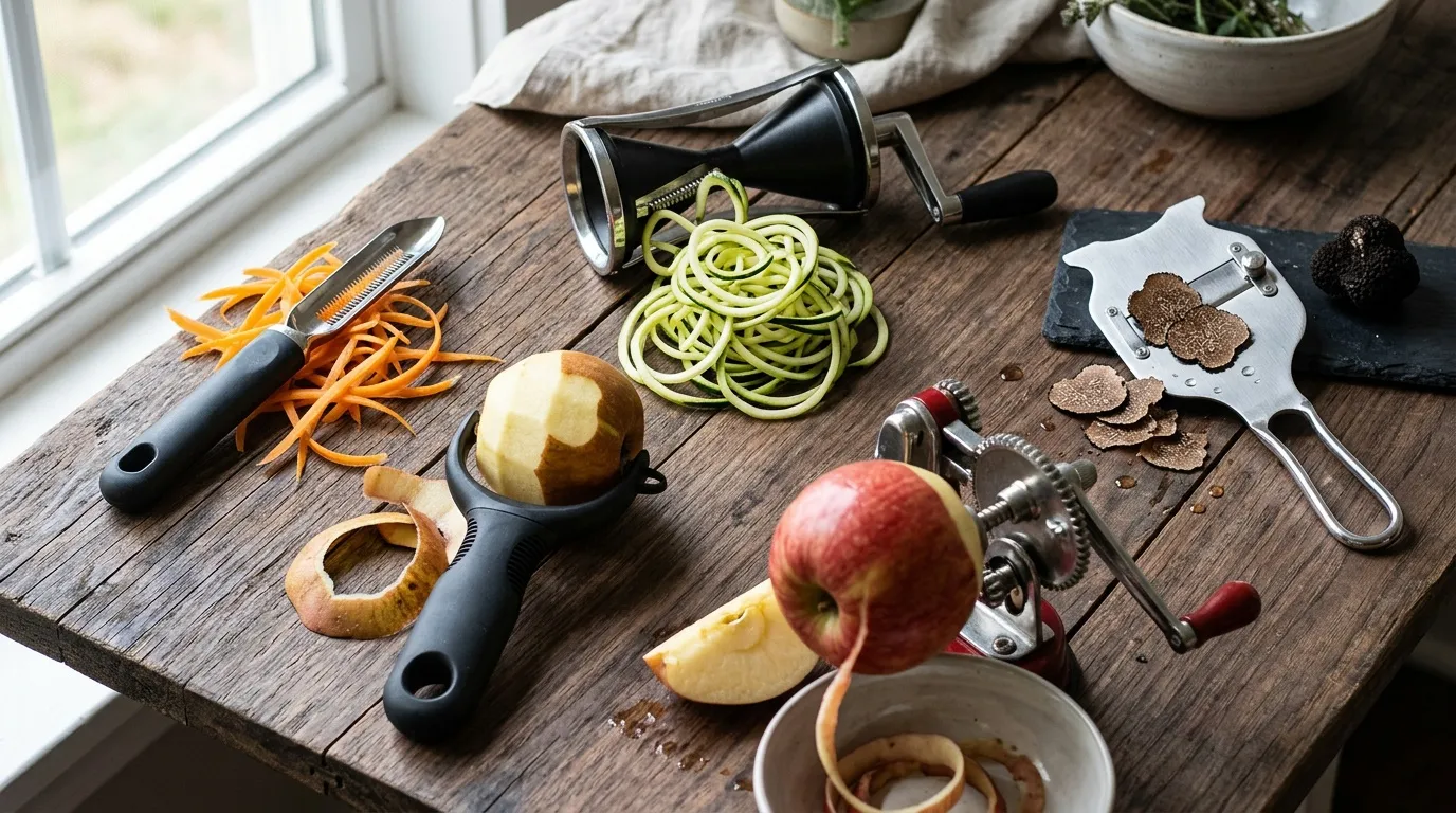 Spiraliseur, &eacute;plucheur et outils culinaires avec l&eacute;gumes pr&eacute;par&eacute;s