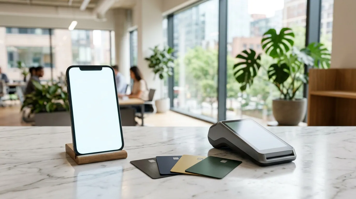 Terminal de paiement et smartphone sur comptoir de magasin