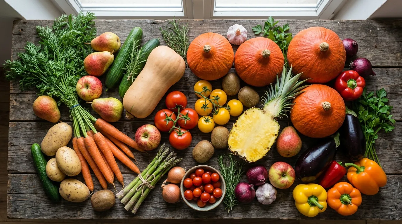 Assortiment color&eacute; de fruits et l&eacute;gumes biologiques sur bois
