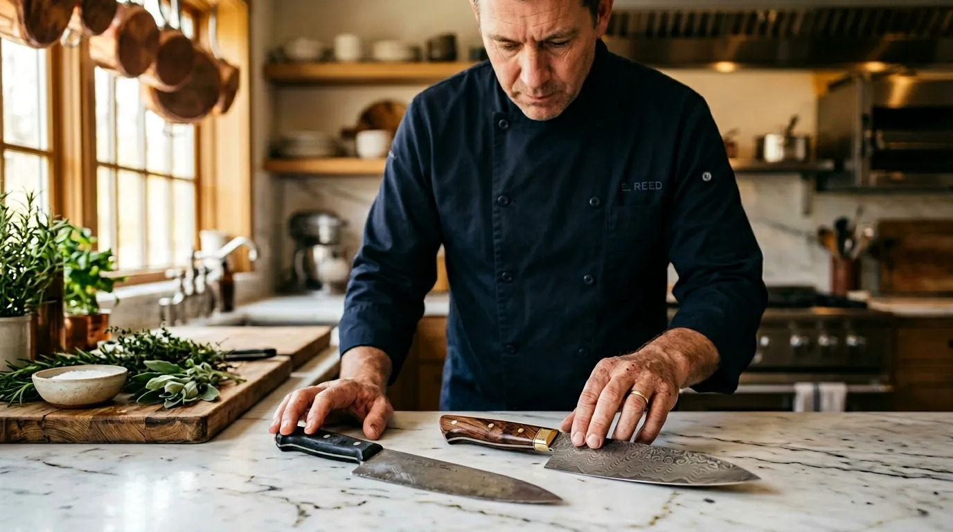 Chef en veste noire aff&ucirc;te des couteaux sur marbre