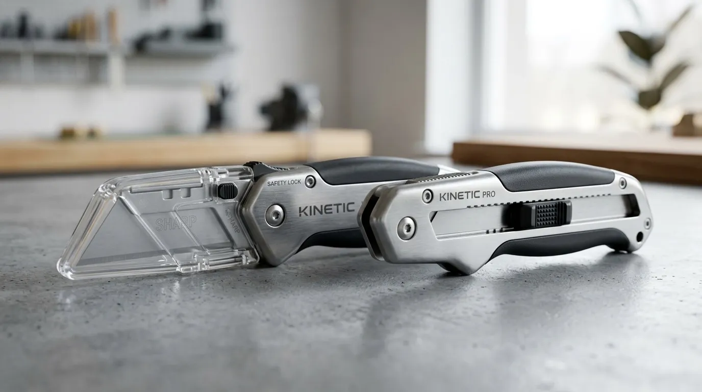 Trois couteaux pliant Kinetic avec lames repli&eacute;es sur surface grise