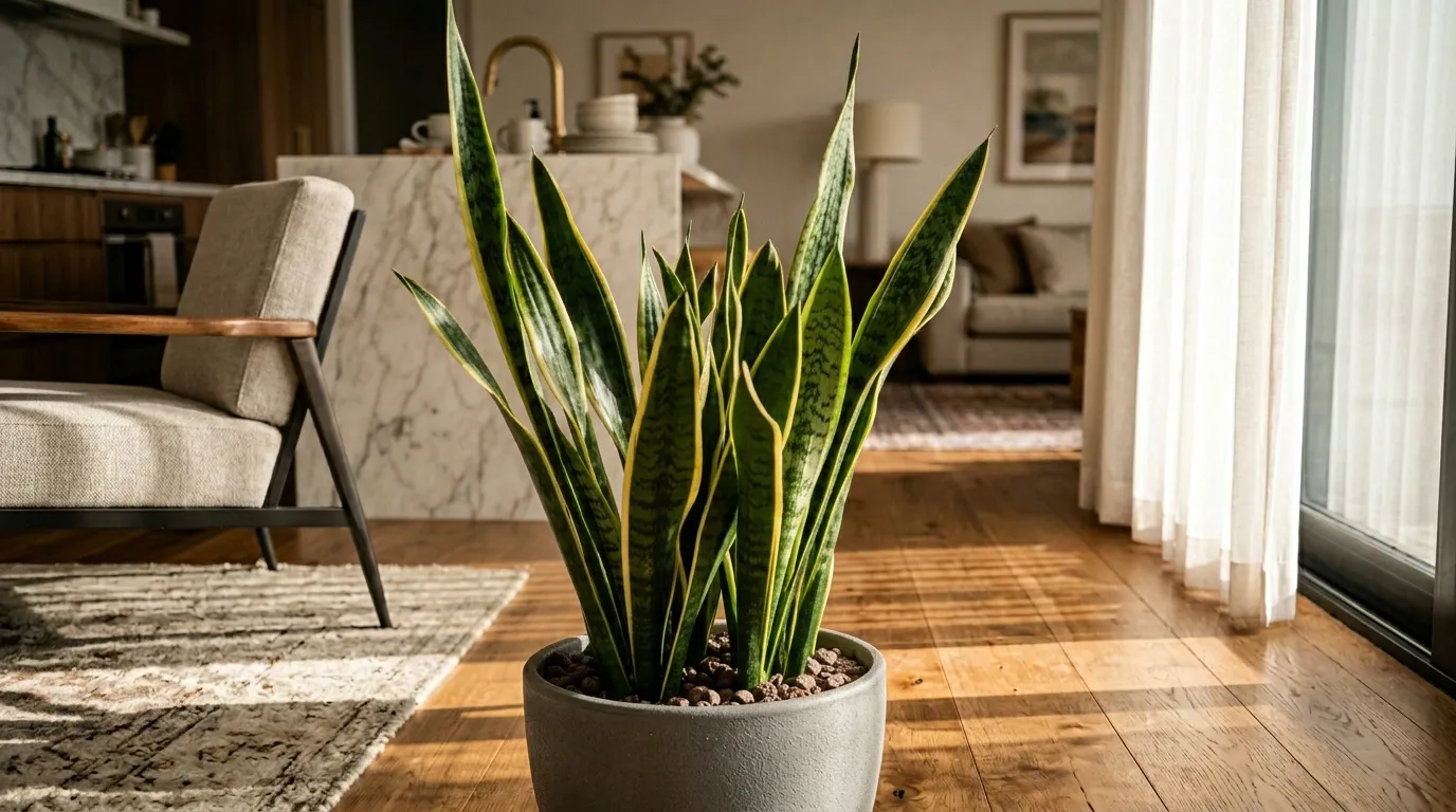 Sansevieria en pot gris dans un salon contemporain lumineux