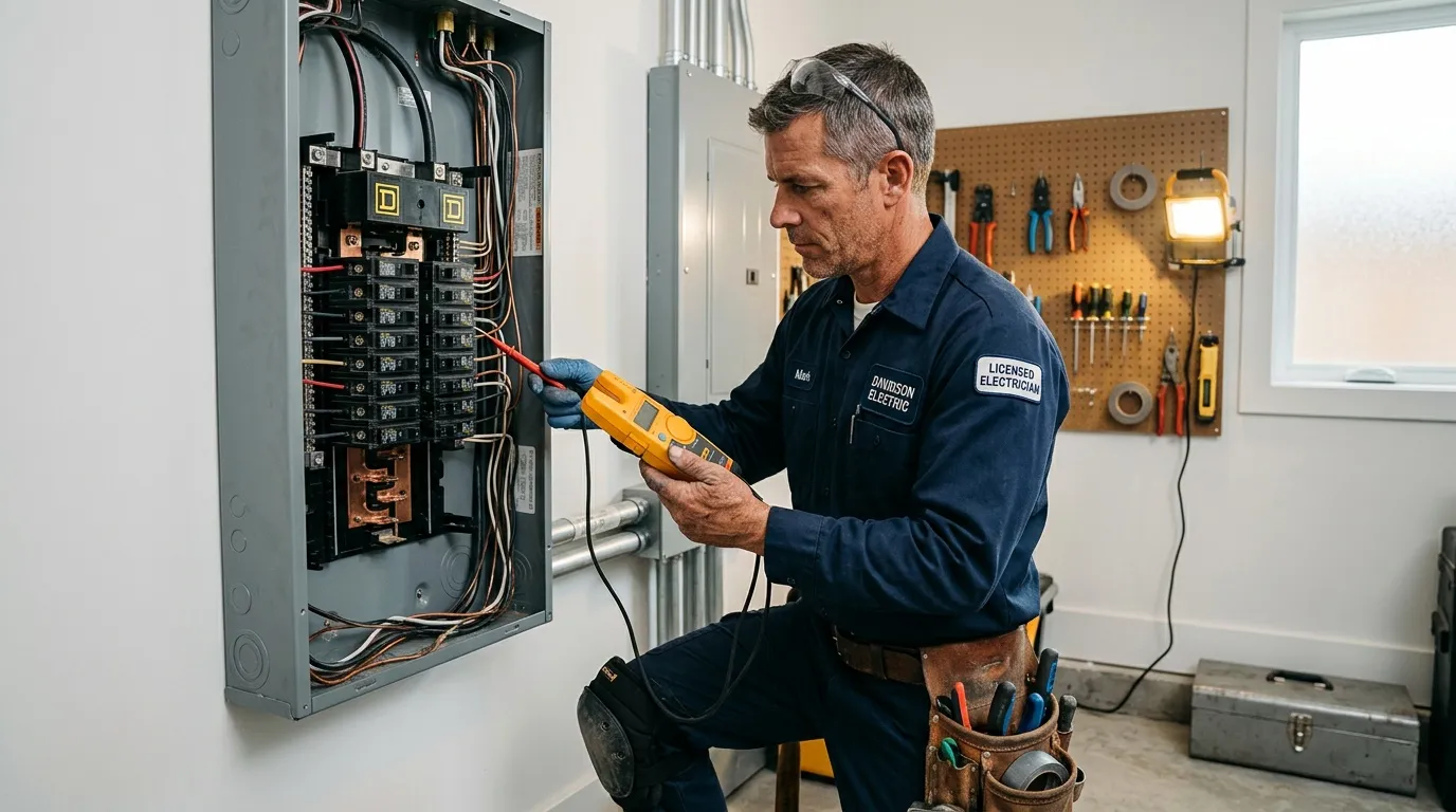 &Eacute;lectricien licenci&eacute; inspectant un panneau &eacute;lectrique avec multim&egrave;tre