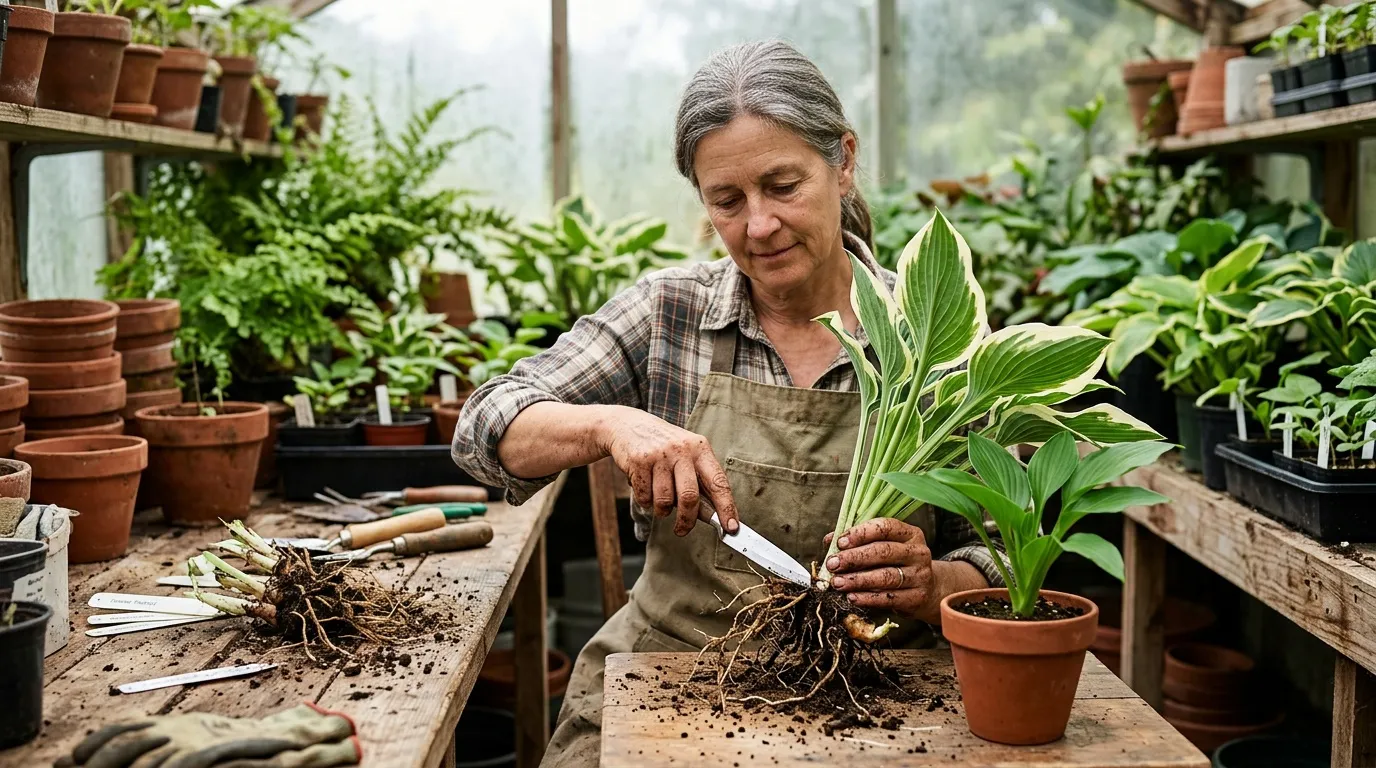 Femme en serre rempotant une plante verte avec soin