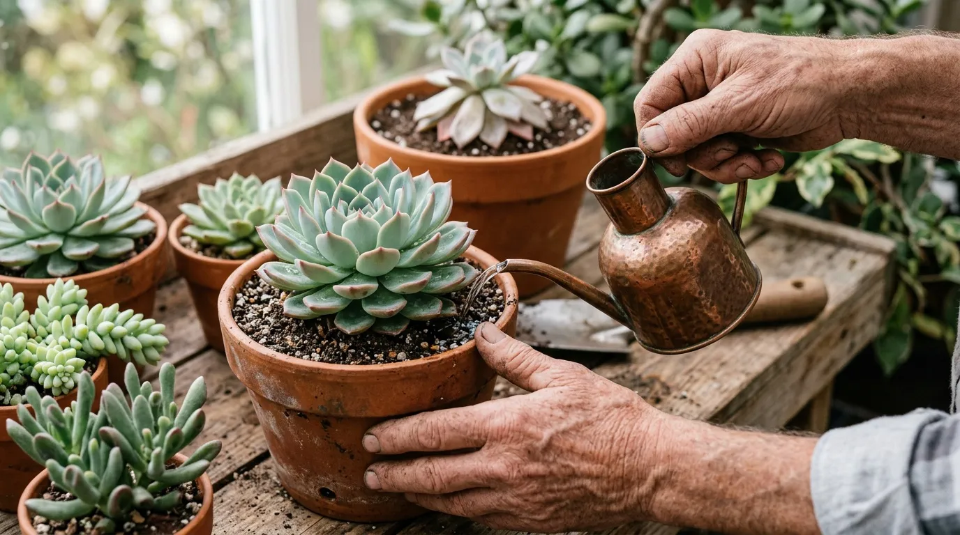 Mains arrosant une succulente avec un petit arrosoir en cuivre