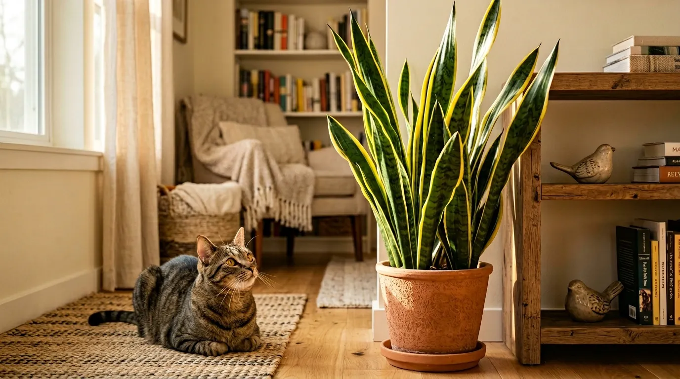 Chat tabby observant une plante verte en pot dans un salon lumineux