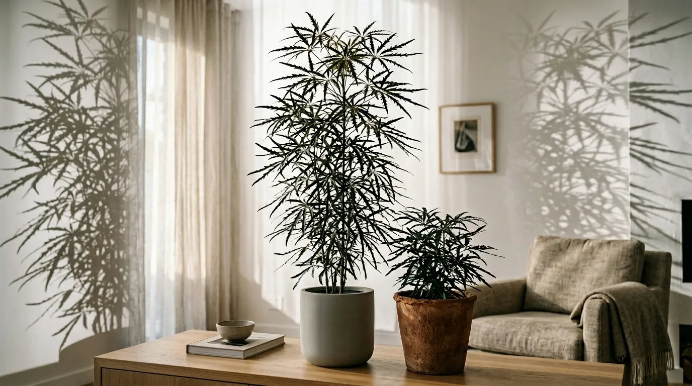 Deux plantes en pot sur table basse, salon lumineux