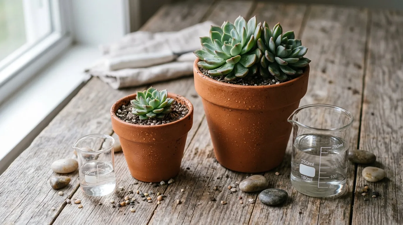 Deux succulentes en pots avec verres d'eau et cailloux