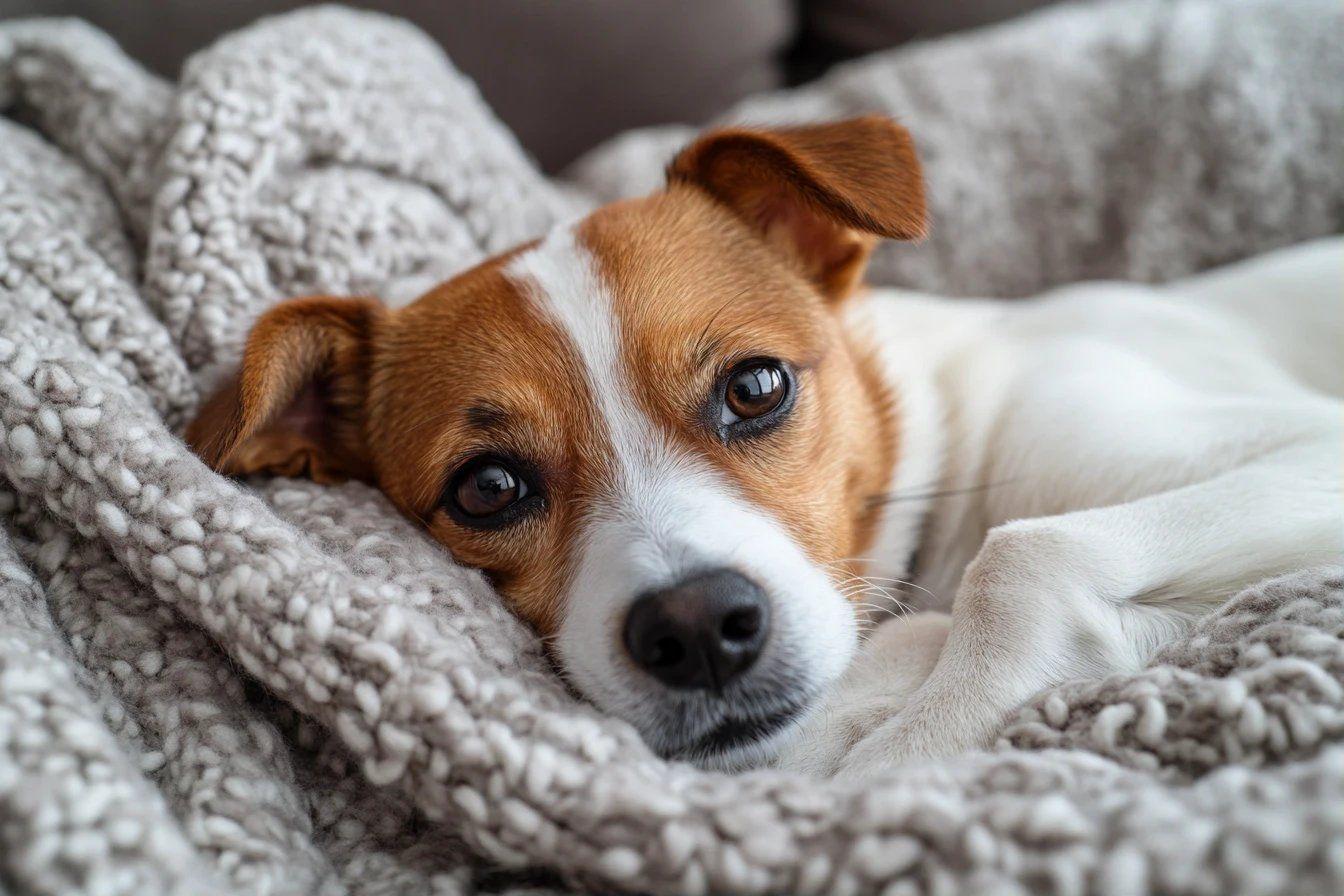 Chien Jack Russell paisible sur une couverture grise
