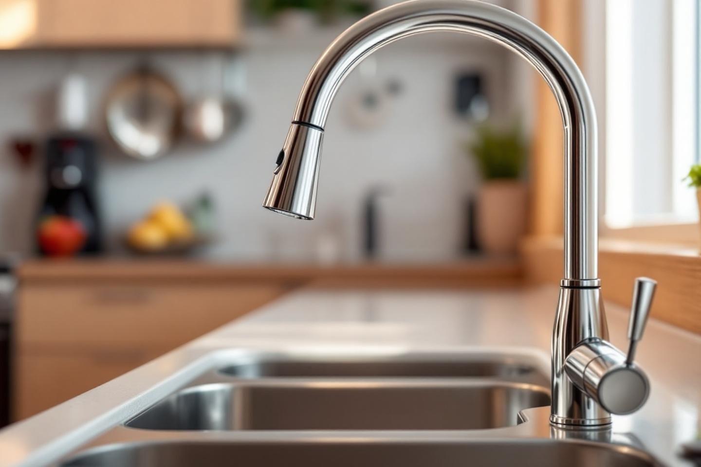 Robinet cuisine inox avec &eacute;vier double bac et arri&egrave;re-plan flou