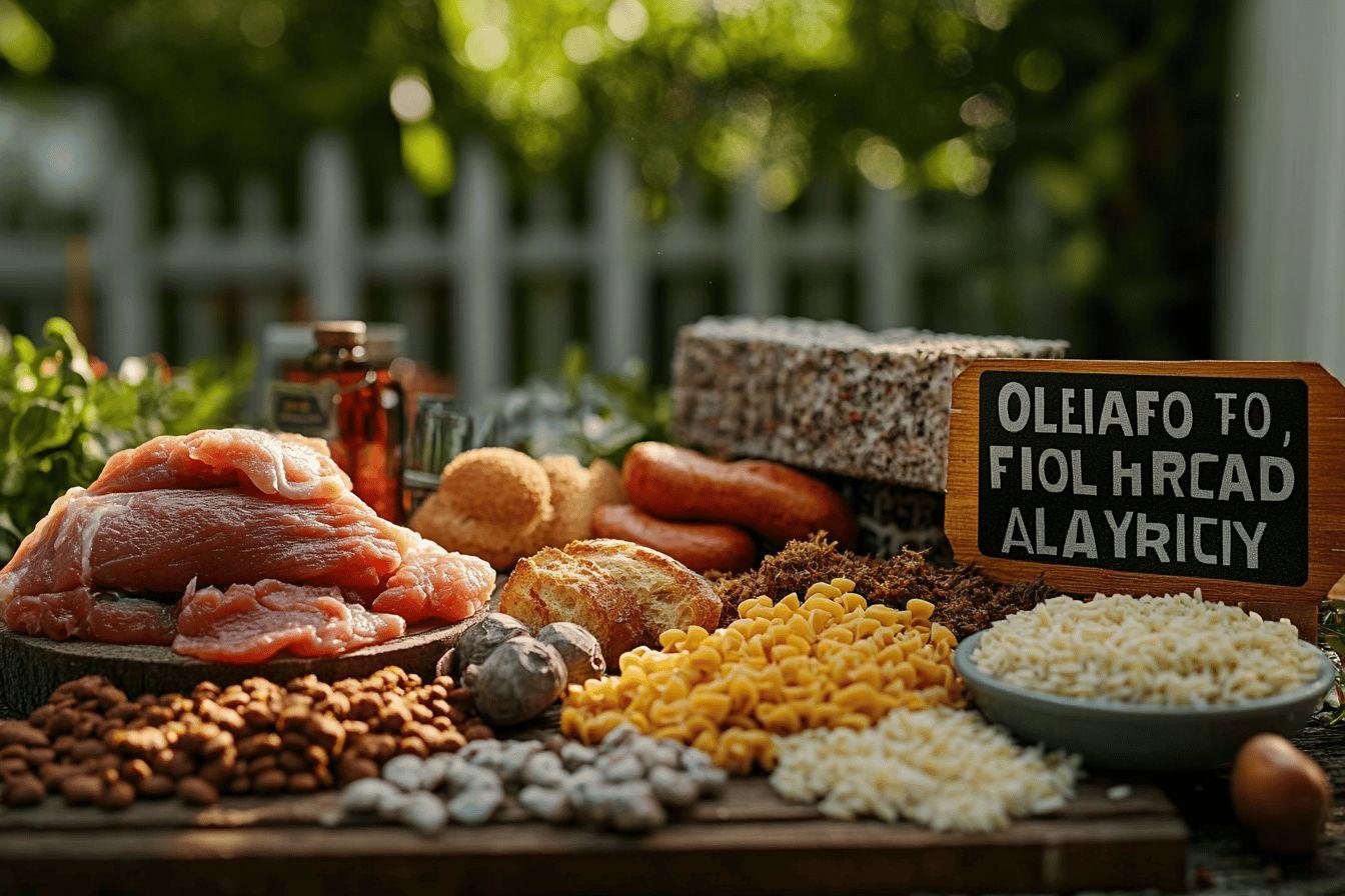 Table avec viande, riz, ma&iuml;s, l&eacute;gumineuses et &eacute;pices