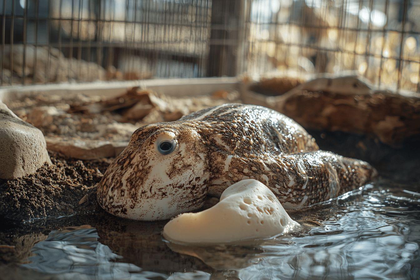 Tortue marine tachet&eacute;e reposant dans un enclos humide