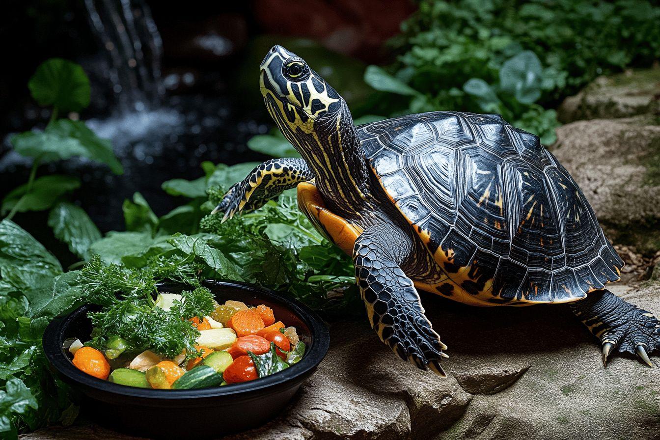 Tortue pr&egrave;s d'un bol de l&eacute;gumes color&eacute;s dans un jardin