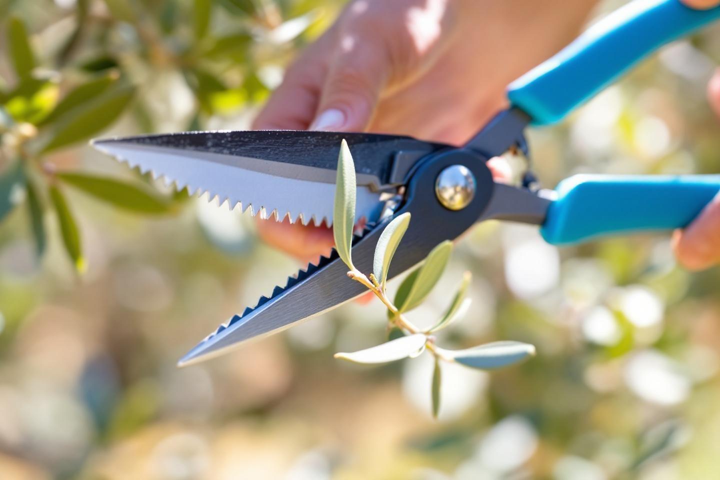 S&eacute;cateur bleu coupe une branche verte avec pr&eacute;cision