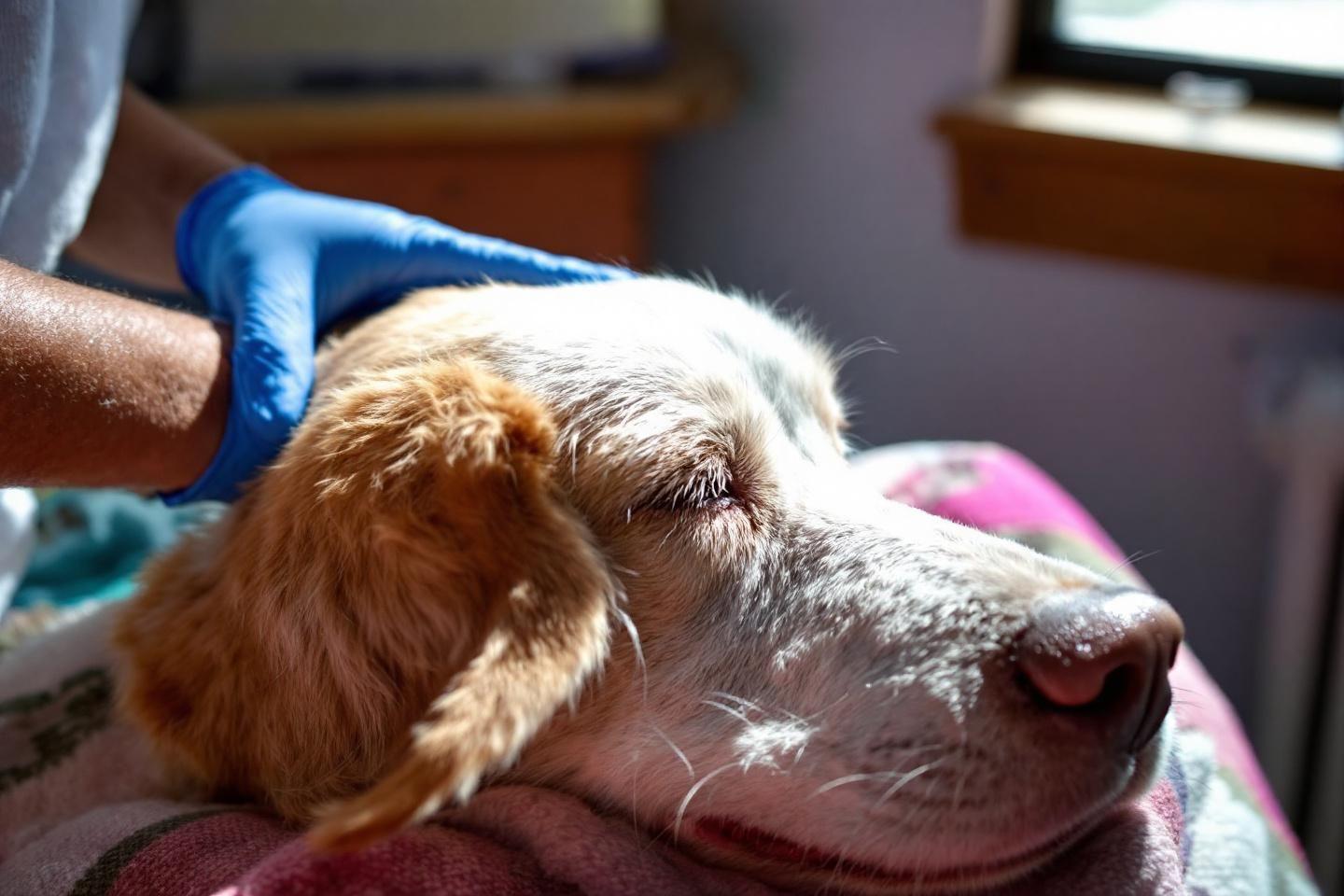 Chien au pelage roux et blanc, au repos, main gant&eacute;e bleue